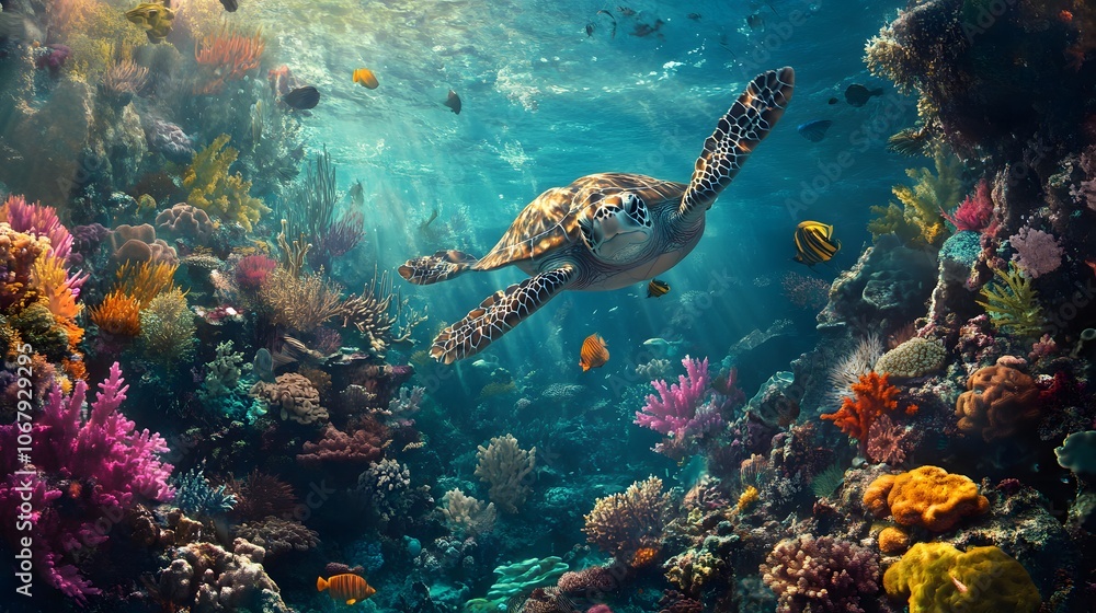 Naklejka premium Sea Turtle Swimming Through Vibrant Coral Reef