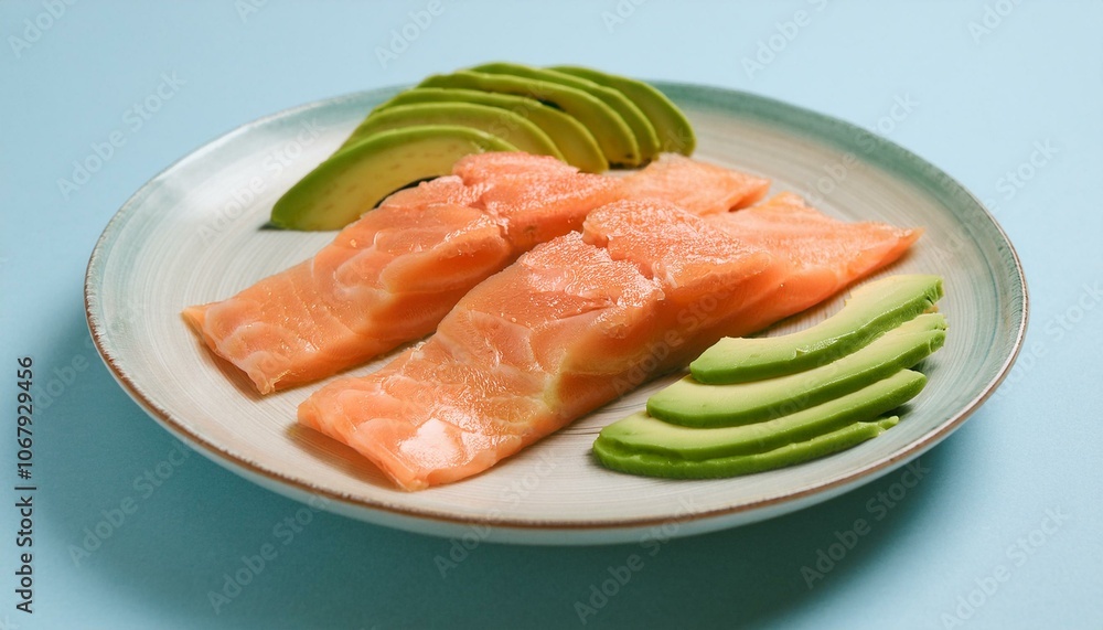 A plate of avocado and salmon slices A plate of avocado and salmon slices