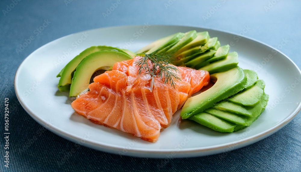 A plate of avocado and salmon slices A plate of avocado and salmon slices