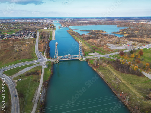Aerial of the Glendale Avenue Bridge, a vertical lift bridge over the Welland Canal, part of the St. Lawrence Seaway and Great Lakes Waterway in St. Catharines, Ontario, Canada. Between locks 3 and 5.