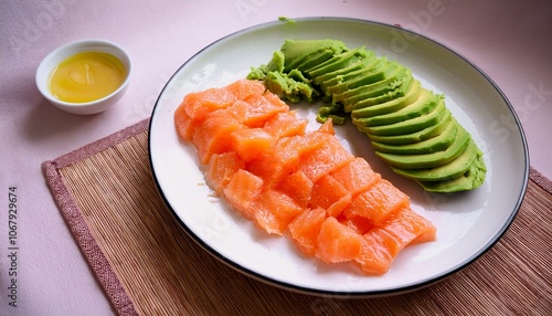 A plate of avocado and salmon slices