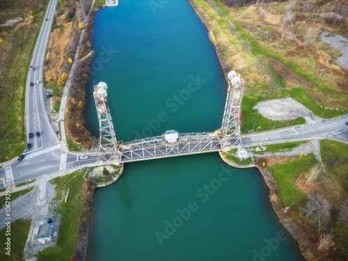 Aerial of the Glendale Avenue Bridge, a vertical lift bridge over the Welland Canal, part of the St. Lawrence Seaway and Great Lakes Waterway in St. Catharines, Ontario, Canada. Between locks 3 and 5. photo