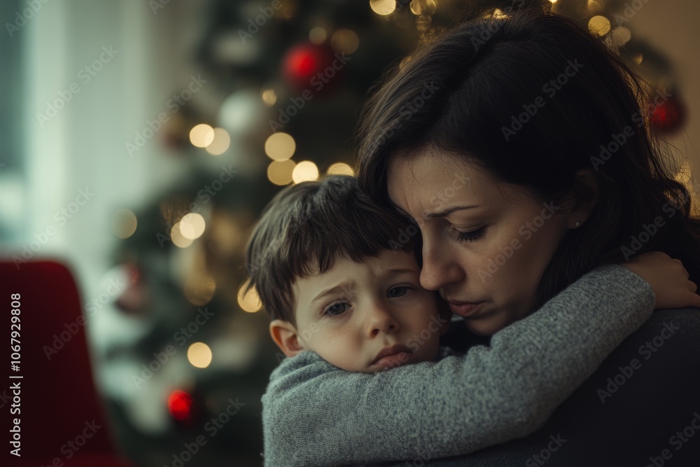 A mother comforts her sad son during a lonely Christmas at home, reflecting family struggles and feelings of loss and grief A mother comforts her sad son during a lonely Christmas at home, reflecting family struggles and feelings of loss and grief