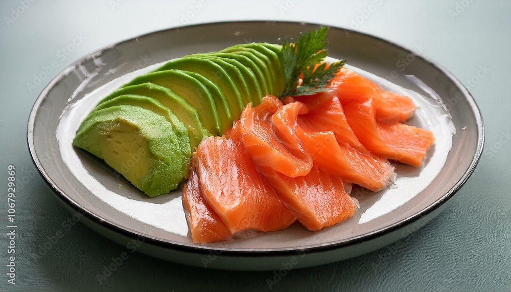 A plate of avocado and salmon slices A plate of avocado and salmon slices