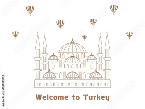 トルコの観光イメージ、モスクと気球の線画イラスト