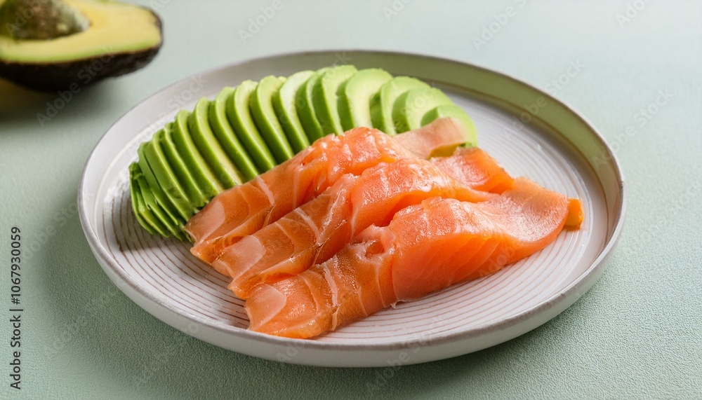 A plate of avocado and salmon slices A plate of avocado and salmon slices