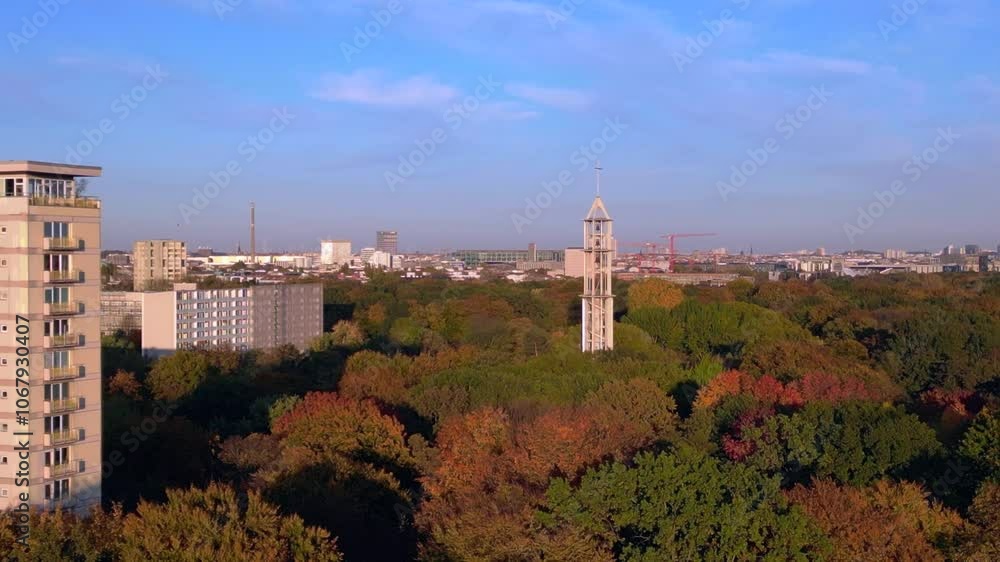 Golden October colors Tiergarten and Bell tower Amazing aerial view flight drone Golden October colors Tiergarten and Bell tower Amazing aerial view flight drone