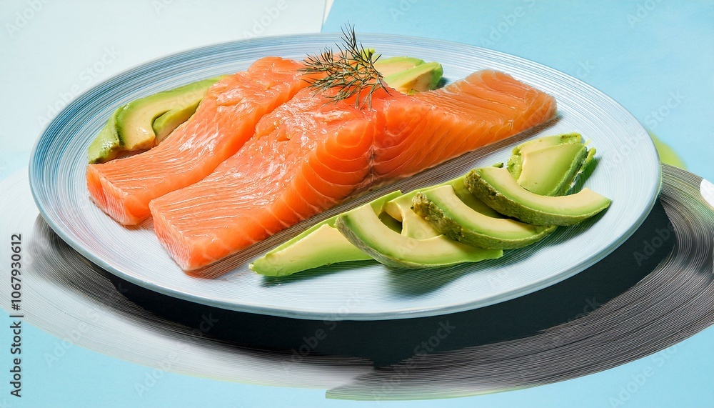 A plate of avocado and salmon slices A plate of avocado and salmon slices