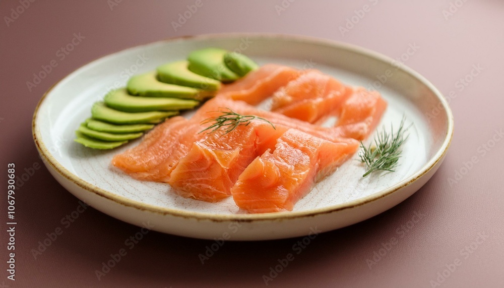 A plate of avocado and salmon slices A plate of avocado and salmon slices