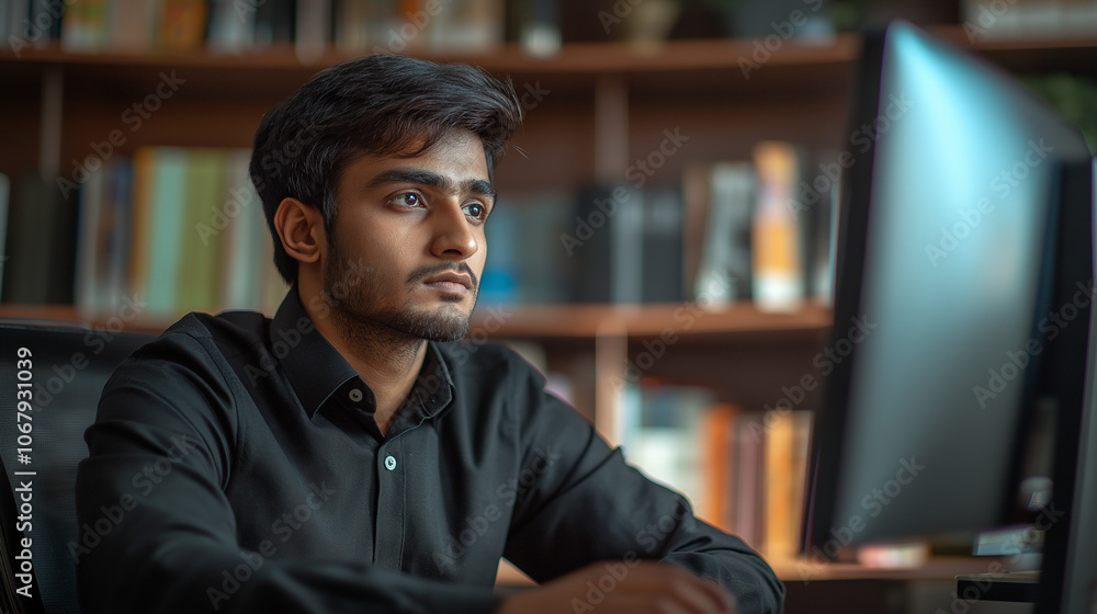 Fototapeta premium Young Indian man focused on computer screen, serious mood, office setting, copy space