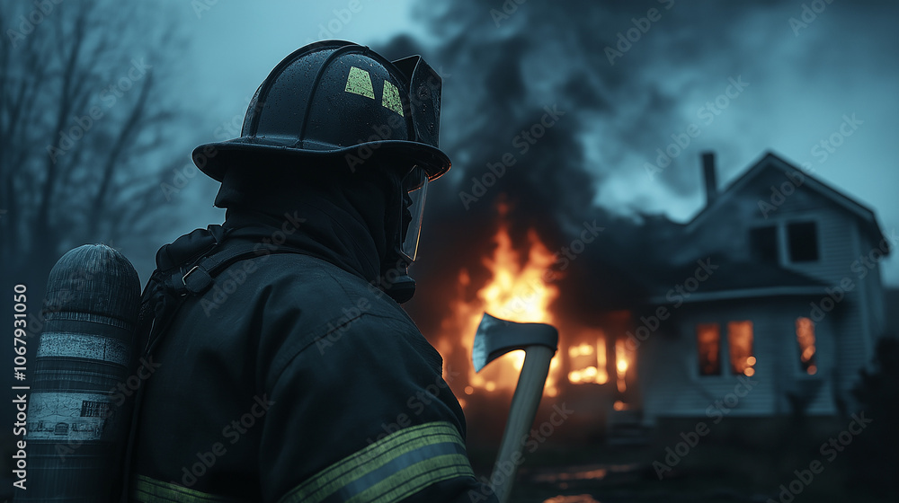 Firefighter at the scene of a fire, urgent mood, smoky background, heroic action, copy space Firefighter at the scene of a fire, urgent mood, smoky background, heroic action, copy space
