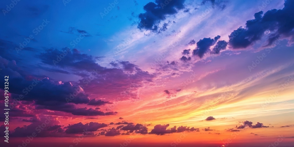 Obraz premium A Vivid Sunset Sky with Layers of Clouds in Hues of Pink, Purple, Blue, and Orange