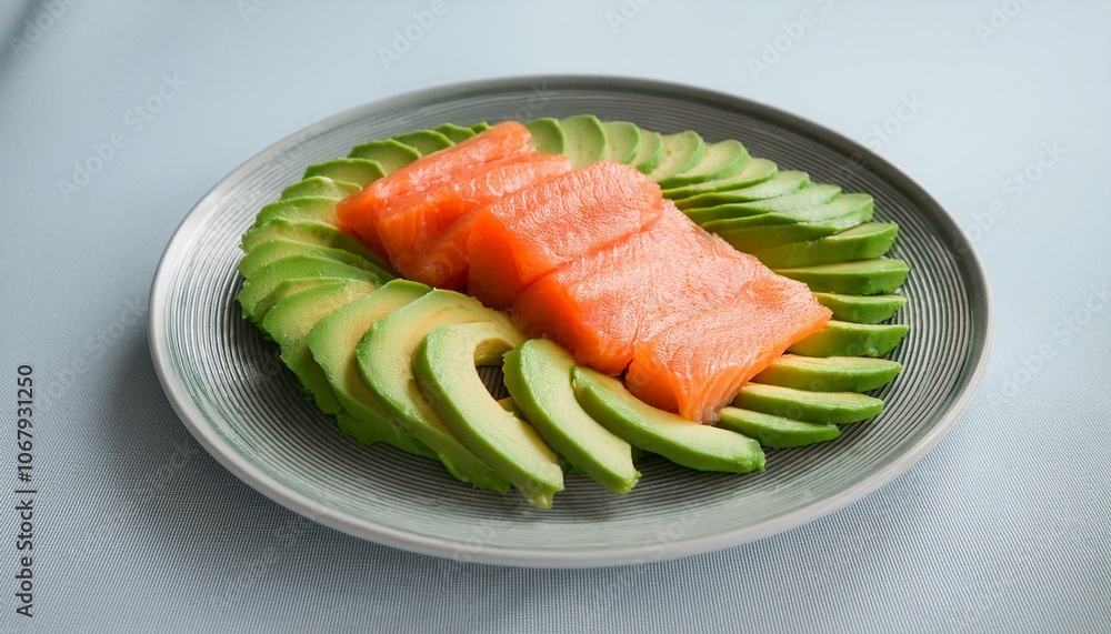 A plate of avocado and salmon slices A plate of avocado and salmon slices
