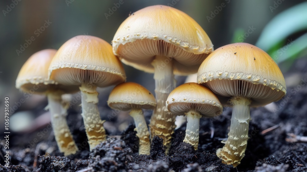 A macro shot of mushrooms growing on forest soil, capturing the intricate gills and textures under soft, diffused lighting A macro shot of mushrooms growing on forest soil, capturing the intricate gills and textures under soft, diffused lighting