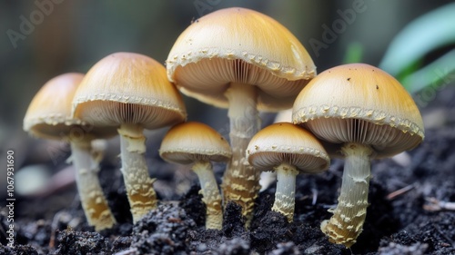 A macro shot of mushrooms growing on forest soil, capturing the intricate gills and textures under soft, diffused lighting