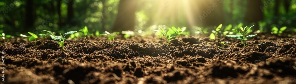 Fototapeta premium Closeup of forest floor textures, with fine details of soil and tiny plants, illuminated by gentle sunlight
