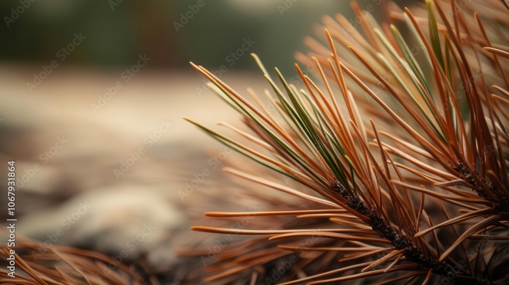Closeup of pine needles, capturing detailed textures and colors with soft lighting and a natural background Closeup of pine needles, capturing detailed textures and colors with soft lighting and a natural background