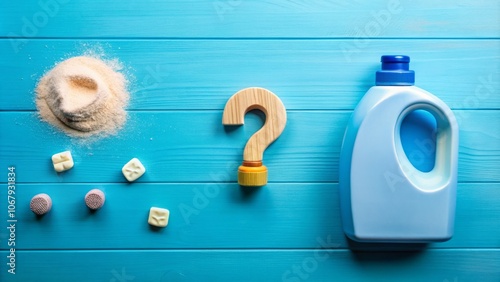 Choice Between Washing Powder and Laundry Capsules: A Flat Lay of Liquid Detergent and a Wooden Question Mark on a Blue Background, Ideal for Comparing Laundry Solutions