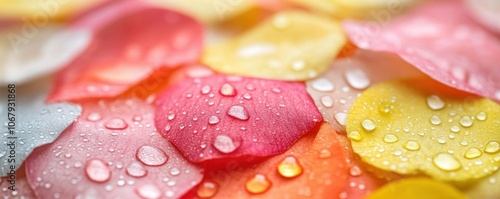 Closeup of raincovered petals, capturing vibrant colors and water drop textures with a blurred background photo