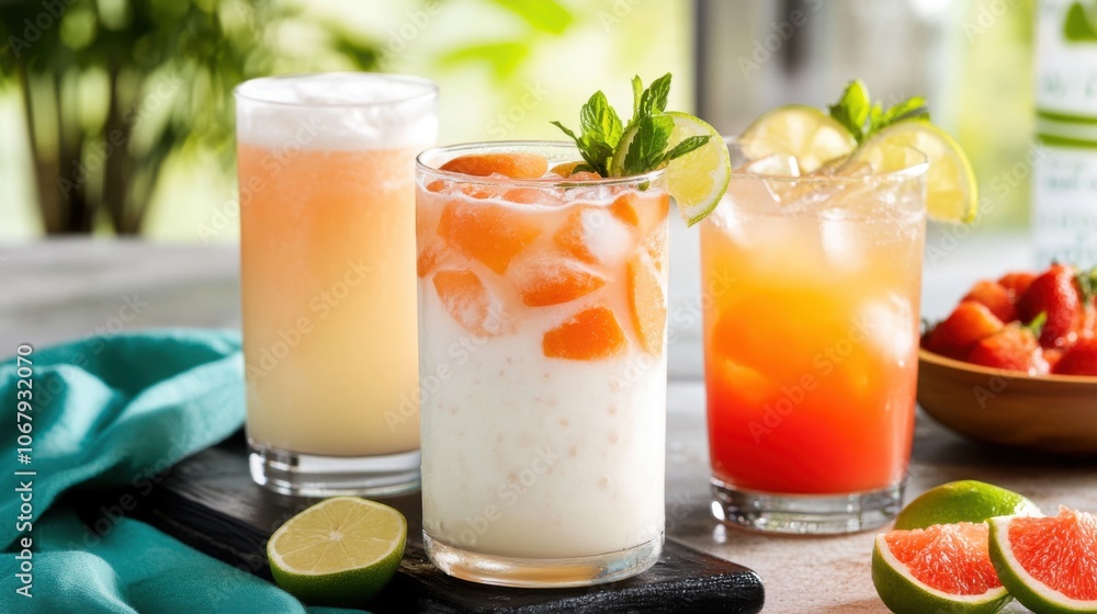 Colorful Refreshing Beverages in Bright Setup Colorful Refreshing Beverages in Bright Setup