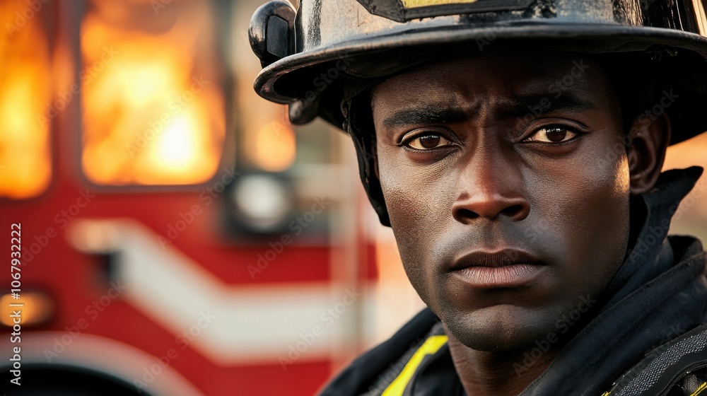 Firefighter in Full Gear with Serious Expression Firefighter in Full Gear with Serious Expression