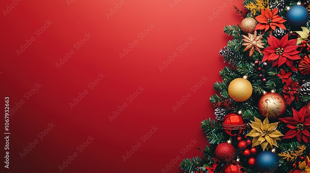 Festive Christmas tree decorations on a red background. Festive Christmas tree decorations on a red background.