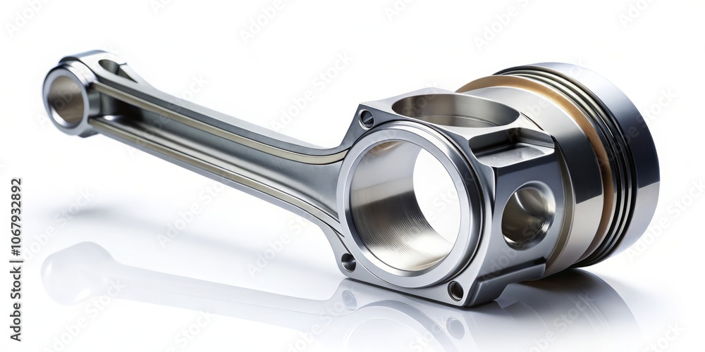 Closeup Studio Photography of a Piston with Connecting Rod Isolated on a White Background, Showcasing a New Car Engine Spare Part with Shadow for Automotive Enthusiasts and Mechanics Closeup Studio Photography of a Piston with Connecting Rod Isolated on a White Background, Showcasing a New Car Engine Spare Part with Shadow for Automotive Enthusiasts and Mechanics