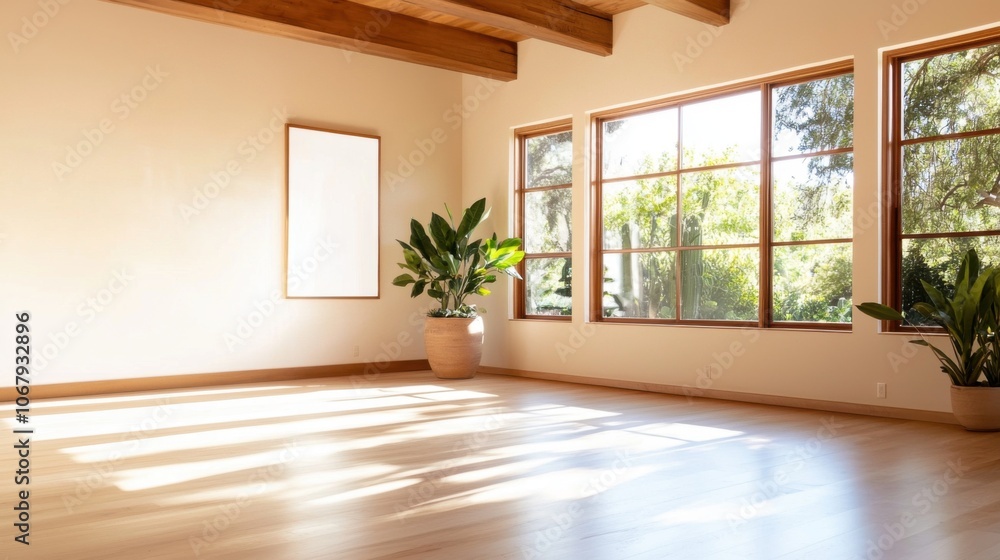 Serene Yoga Studio with Natural Light and Green Plants Serene Yoga Studio with Natural Light and Green Plants
