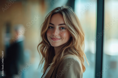 Wallpaper Mural confident young woman with wavy hair smiles warmly while standing near large window, exuding sense of professionalism and approachability. Her natural beauty and relaxed demeanor create inviting Torontodigital.ca