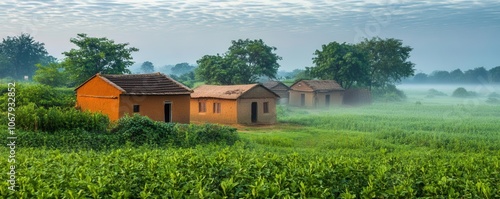 Early morning rural landscape with foggy fields, simple mud houses and lush greenery, calm and scenic photo