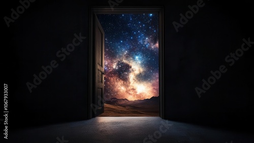 Open door in a dark room leading to a bright, otherworldly landscape, surreal sky filled with stars and nebulae, sense of mystery and exploration photo