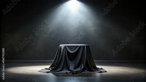 Mysterious object under black cloth on pedestal in dark room, mystery, secret, unknown, hidden, surprise, discovery, reveal