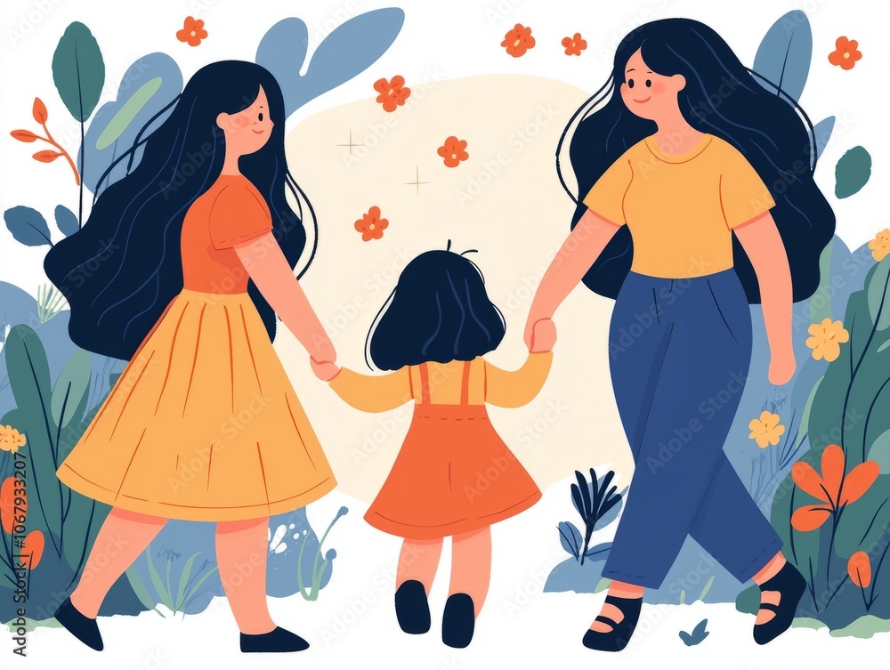 A colorful illustration of two women and a child walking together in nature. A colorful illustration of two women and a child walking together in nature.