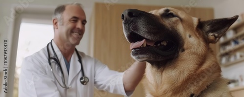 Pet doctor petting a large dog, dog looking up affectionately, warm atmosphere in veterinary clinic, veterinarian s gentle smile photo