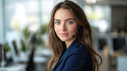 confident woman with long brown hair and striking blue eyes is wearing headset in modern office environment. She exudes professionalism and approachability, ready to assist clients