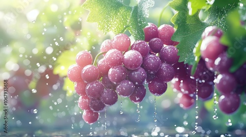 Fresh Red Grapes Falling From Vine With Water Droplets in Vineyard