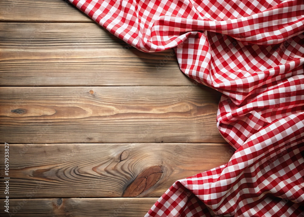 Crumpled Checkered Tablecloth on Light Wooden Table: Aesthetic Top View with Space for Text, Perfect for Food Blogs, Recipes, and Culinary Presentations Crumpled Checkered Tablecloth on Light Wooden Table: Aesthetic Top View with Space for Text, Perfect for Food Blogs, Recipes, and Culinary Presentations