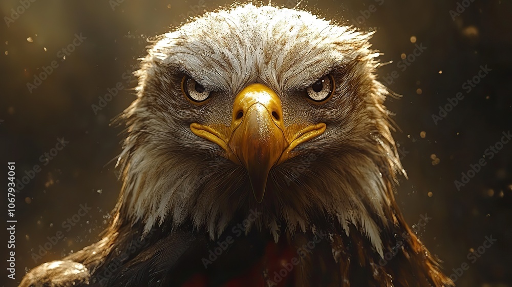 Fototapeta premium A bald eagle with the American flag, representing patriotism and perfect for 4th of July, Labor Day, or Memorial Day.
