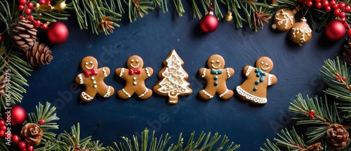 A festive arrangement of gingerbread cookies accompanied by pine branches and colorful Christmas ornaments. The dark background enhances the holiday cheer and seasonal warmth of the composition.