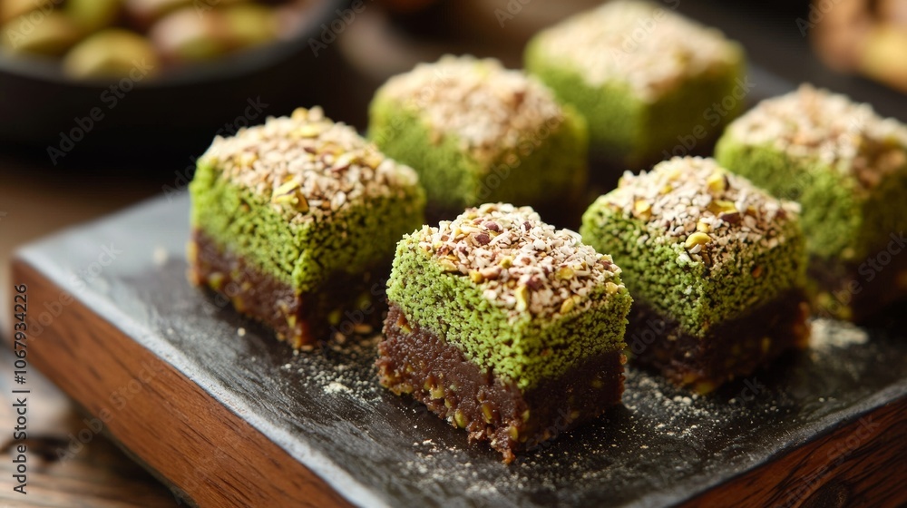 tray with green pistachio chocolate tray with green pistachio chocolate
