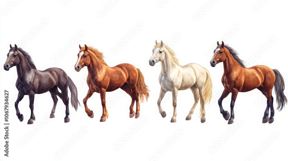 four majestic horses walking side by side in watercolor art four majestic horses walking side by side in watercolor art