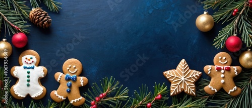 A festive arrangement of gingerbread cookies accompanied by pine branches and colorful Christmas ornaments. The dark background enhances the holiday cheer and seasonal warmth of the composition. photo