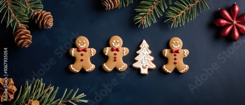 A festive arrangement of gingerbread cookies accompanied by pine branches and colorful Christmas ornaments. The dark background enhances the holiday cheer and seasonal warmth of the composition.
