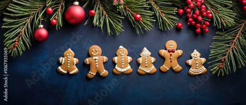 A festive arrangement of gingerbread cookies accompanied by pine branches and colorful Christmas ornaments. The dark background enhances the holiday cheer and seasonal warmth of the composition.