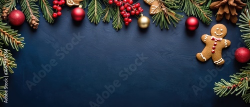 A festive arrangement of gingerbread cookies accompanied by pine branches and colorful Christmas ornaments. The dark background enhances the holiday cheer and seasonal warmth of the composition.