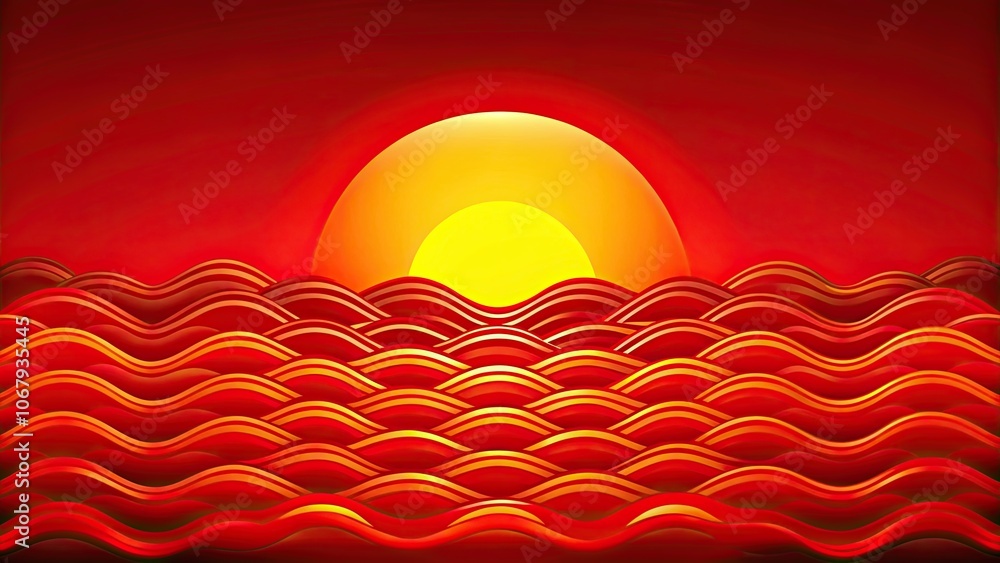 Fototapeta premium Bright red sun setting behind wavy pattern for laptop or water bottle decoration, sticker, bright, red, sun, setting