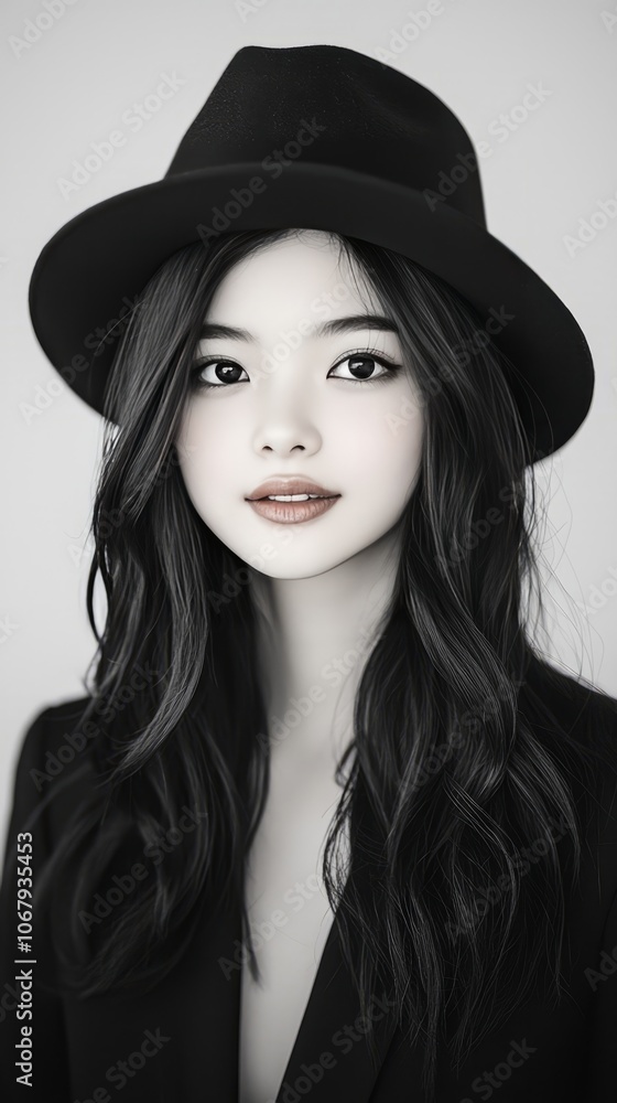 A monochrome portrait of a young woman wearing a hat, exuding elegance. A monochrome portrait of a young woman wearing a hat, exuding elegance.