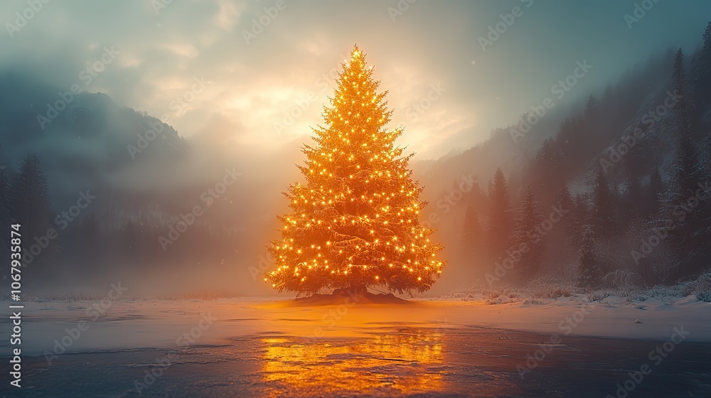 A beautifully lit Christmas tree stands in a snowy landscape, setting the scene for a festive greeting card or winter celebration. A beautifully lit Christmas tree stands in a snowy landscape, setting the scene for a festive greeting card or winter celebration.