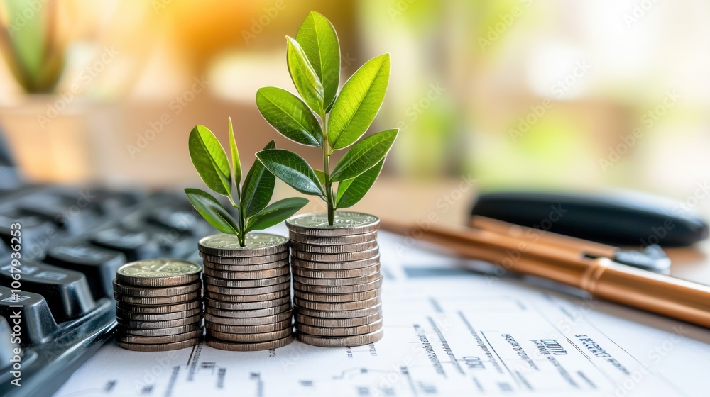 A close-up of coins stacked like growing plants, signifying financial growth and investment in a business setting with a keyboard and paperwork in the background. A close-up of coins stacked like growing plants, signifying financial growth and investment in a business setting with a keyboard and paperwork in the background.