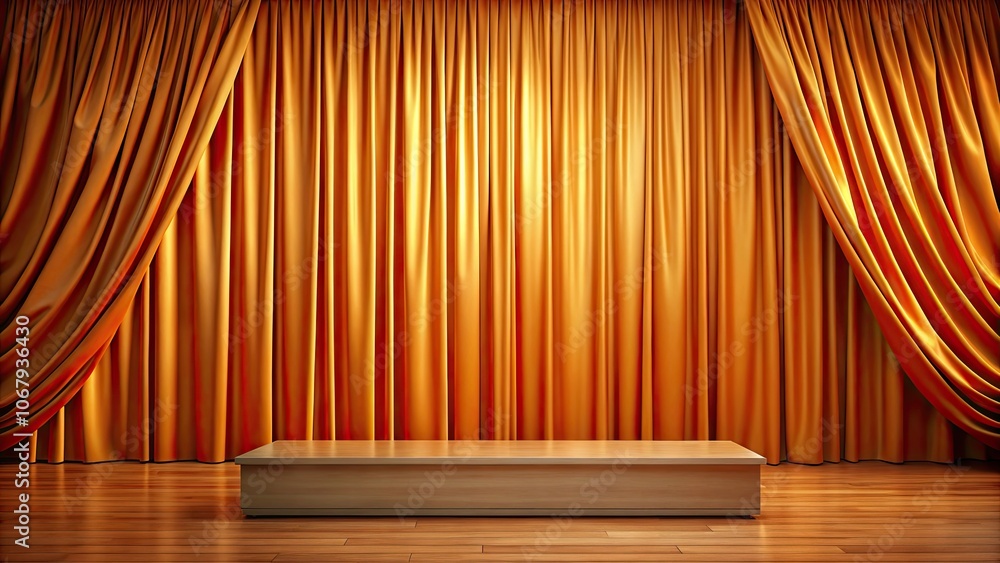 Fototapeta premium Orange silk curtain draped over wooden stage with product podium , elegance, luxurious, drapes, stage, wooden, elegant, silk